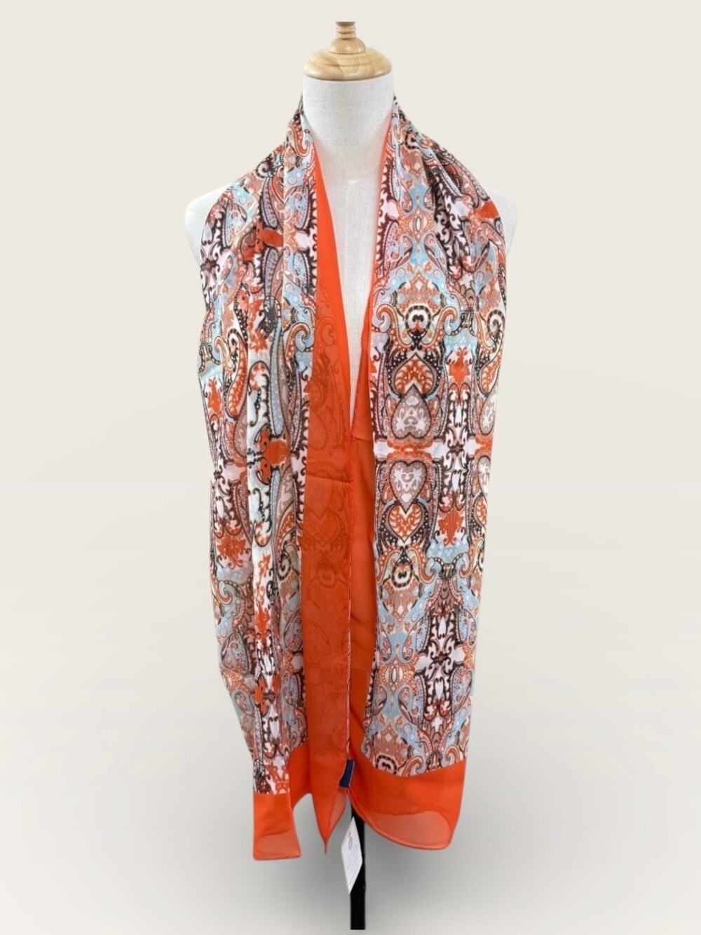 Doncaster 100% Silk Orange/Blue Paisley Scarf, 70”